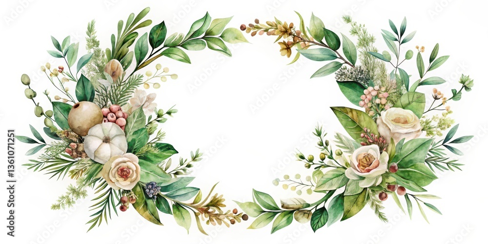 Fototapeta premium Elegant Floral Wreath with Greenery Pattern , natural elements