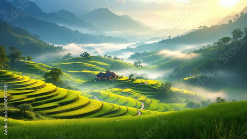 Terraced rice fields and morning fog in a mountain village