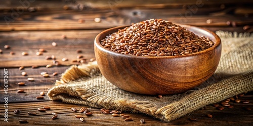 A wooden bowl filled with organic flaxseed on a rustic table, showcasing natural earthy tones and textures
