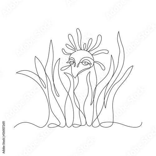 Secretary bird head among grass drawn with continuous line in minimalist style, abstract, exotic bird, tattoo, wall art, tropical decor, t-shirt print, single line, editable vector contour
