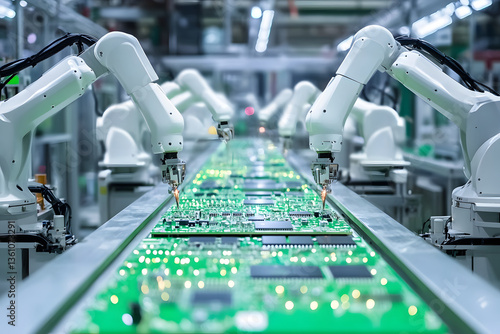 工場のロボットアームが電子基板を自動組み立て中の様子