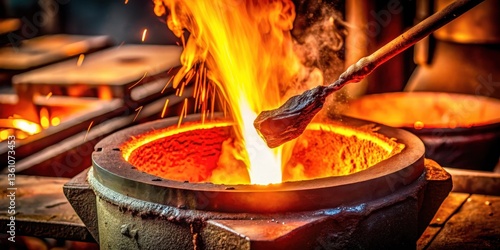 A red-hot metal half-branch formed in the crucible melting furnace, surrounded by a halo of flames