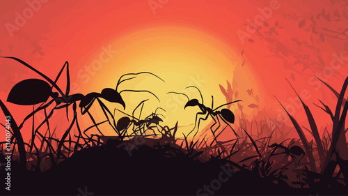 A stylized vector illustration depicting several ants silhouetted against a large, vibrant orange and red sunset. The ants are shown in profile, appearing to move through tall grass. The background