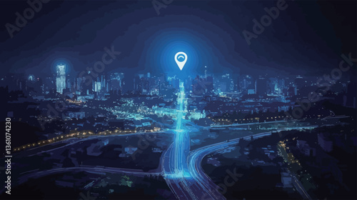 High-angle, long exposure shot of a city at night.  The image features a prominent glowing blue pinpoint, resembling a location marker, positioned centrally above the city.  Light trails are