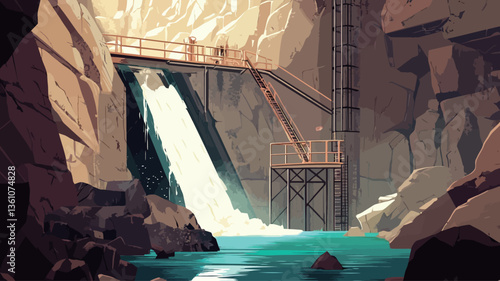 A digital painting depicts a stylized waterfall cascading down from a high cliff inside a cave. The water is a vibrant teal color, contrasting with the earthy tones of the surrounding rocks and the