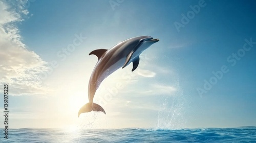 Dolphin Leaping in Bright Ocean Under a Beautiful Sky at Sunrise