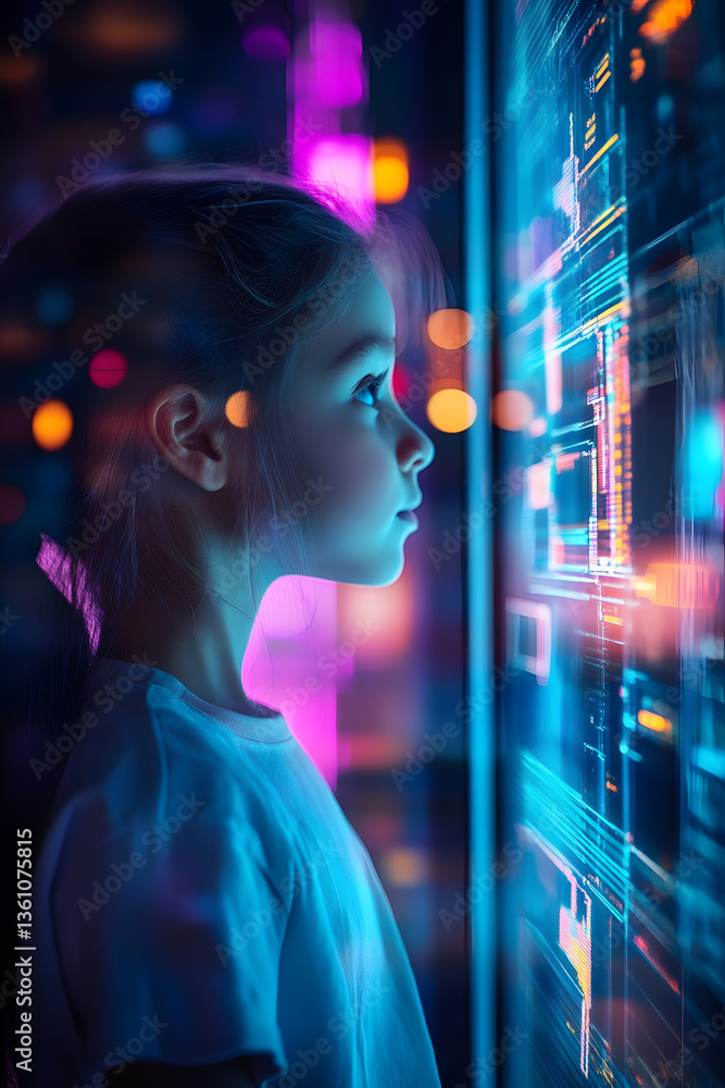 Naklejka premium ネオンライトに照らされる少女とデジタル画面の未来的な光景