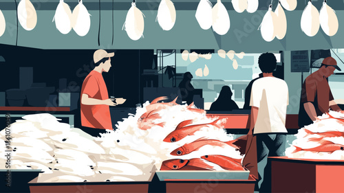 A stylized illustration depicting a bustling fish market scene.  The image is composed primarily of flat shapes and bold colors. The color palette is dominated by reds, whites, and blues.  Multiple