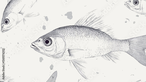 Close-up view of a detailed monochrome illustration or drawing of a fish. The style is realistic, with shading and detailing visible on the fish's scales, fins, and eyes. The background is