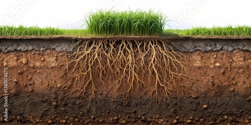 Dark brown soil layer with roots and organic matter in a cross-section of underground earth, earth structure, soil composition