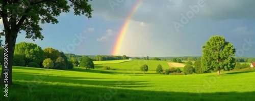 Gentle rainbow spans idyllic farmland, trees dotting tranquil park , pastoral, vibrant
