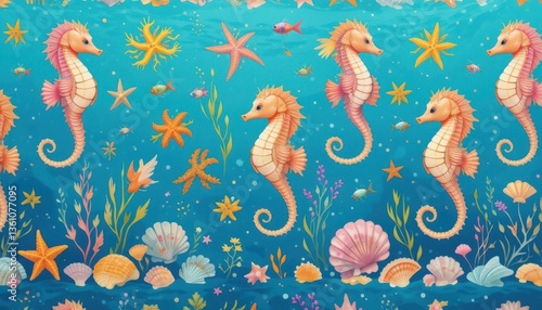 Underwater Whispers: A whimsical depiction of a vibrant underwater scene. Adorable seahorses dance among starfish and seashells, creating a dreamy, cartoonish spectacle. 