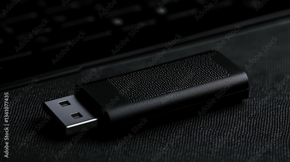 Black USB flash drive on a dark surface next to a keyboard. Black USB flash drive on a dark surface next to a keyboard.