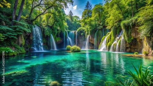 Serene turquoise lake surrounded by dense green foliage and waterfalls cascading down steep cliffs , lush greenery, natural wonder