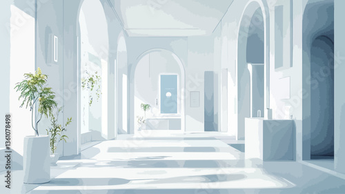 The image shows a digitally rendered interior architectural scene.  The perspective is from within a long corridor featuring a series of arched doorways and alcoves on either side. The overall