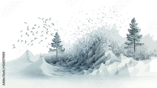 The image depicts an abstract winter landscape rendered in shades of gray and white.  The composition features two stylized pine trees standing amidst a stylized snow-covered mountainous terrain.