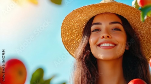 A young woman wearing a straw hat beams joyfully in an apple orchard under clear blue skies, surrounded by red apples