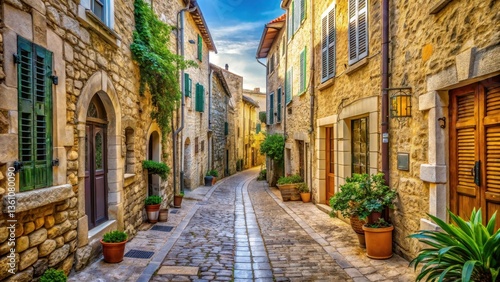 Fototapeta Naklejka Na Ścianę i Meble -  Narrow cobblestone street lined with ancient buildings and Mediterranean-style architecture in Antibes old town, old town, architecture