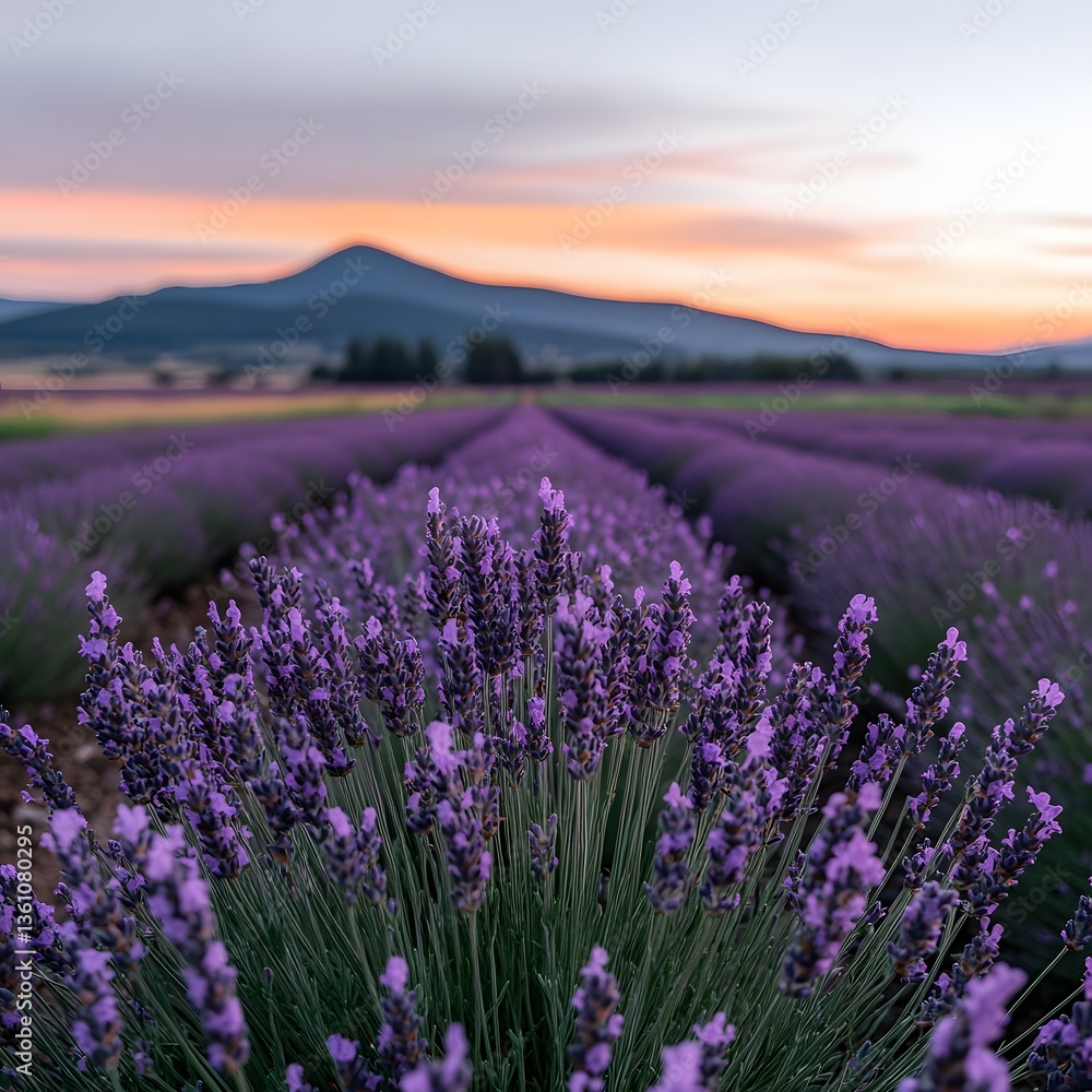 Naklejka premium Sunrise Lavender Field, Purple Blooms, Mountain Background, Peaceful, Nature