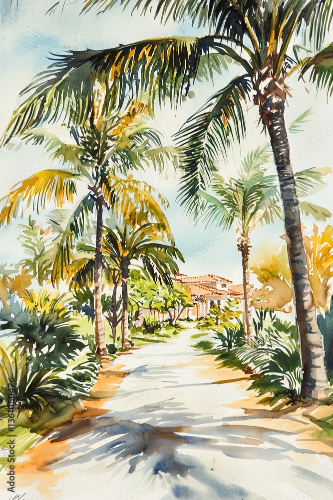 Fototapeta premium Watercolor painting of a calm courtyard lined with palm trees. The gentle sway of the fronds brings a sense of quiet, on isolated white background