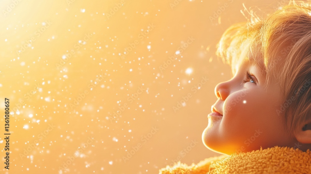 Fototapeta premium A joyful child captivates the viewer with a bright smile while looking up at shimmering sunlight filtering through the atmosphere