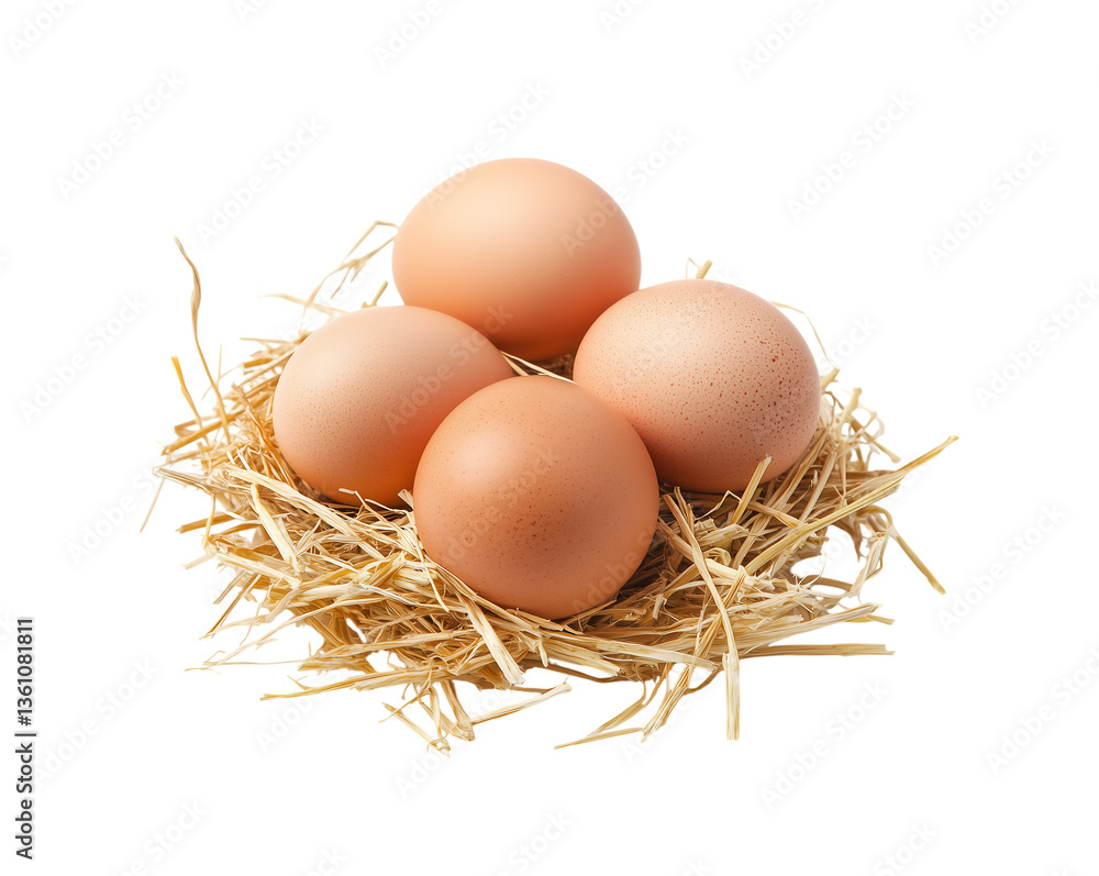 fresh brown eggs resting on golden straw on transparent background fresh brown eggs resting on golden straw on transparent background