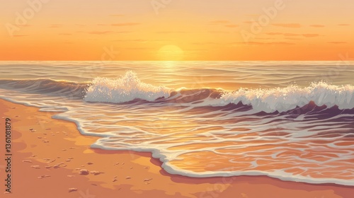 Golden hour serenity, ocean waves gently kissing the sandy shoreline
