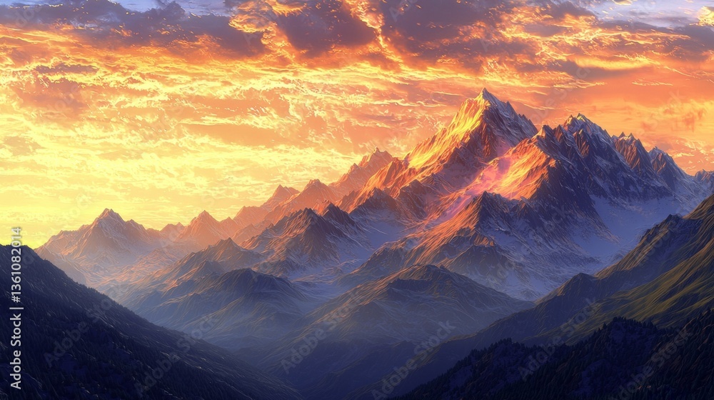 Obraz premium Majestic Mountain Landscape at Sunset with Vibrant Colors Illuminating Peaks and Valley in Serene Natural Beauty