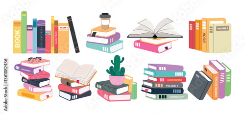 Books colorful drawing clipart set. School textbook elements clip art in open and closed page learning information for educational library flat drawing collection vector illustration.
