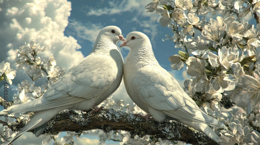 Fototapeta premium Two White Doves Facing Each Other Among Blossoming Flowers Under a Clear Sky with Fluffy Clouds