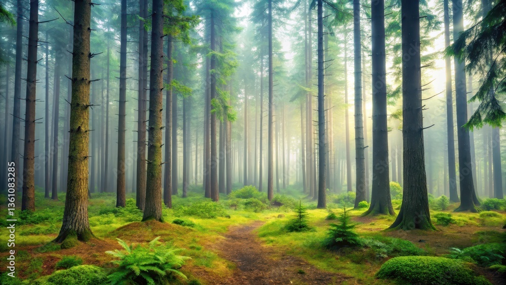 Obraz premium Misty Forest Scene with Towering Pines, forest floor, pine trees, forest floor,pine trees