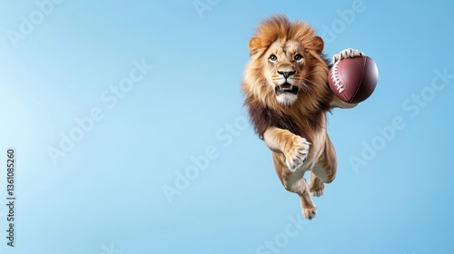 Lion in Midair with American Football Against Blue Background