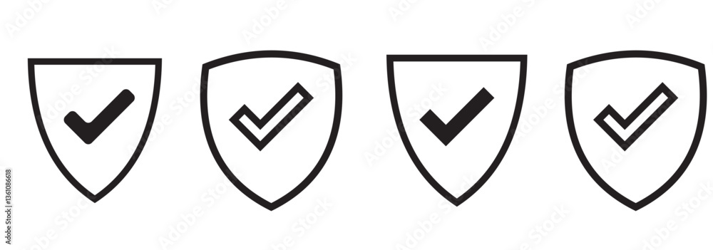 Shield check mark icon vector isolated on white background. Protection approve sign. Safe icon vector Shield check mark icon vector isolated on white background. Protection approve sign. Safe icon vector