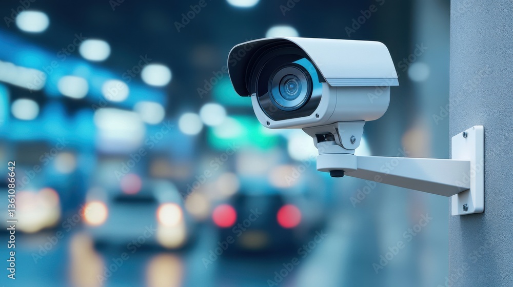 Security camera monitors blurred traffic at night, mounted on a wall beside a busy roadway, ensuring safety and surveillance. Security camera monitors blurred traffic at night, mounted on a wall beside a busy roadway, ensuring safety and surveillance.