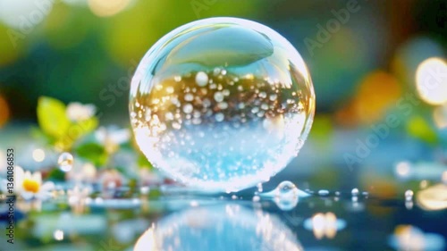 Soap bubbles floating in the blue sky with reflections and light