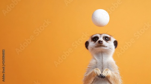 Curious meerkat balancing white ball against vibrant orange backdrop
