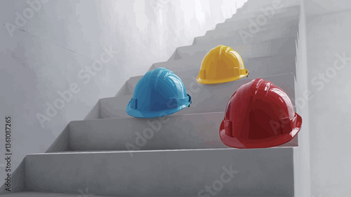 The image shows three hard hats in blue, yellow, and red, positioned on a minimalist concrete staircase. The stairs ascend from the bottom left to the top right of the frame. The hard hats are