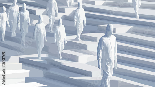 The image is a 3D digital render depicting numerous stylized human figures, rendered in monochromatic white, ascending a series of abstract, light-grey stairs or steps. The figures are simple,