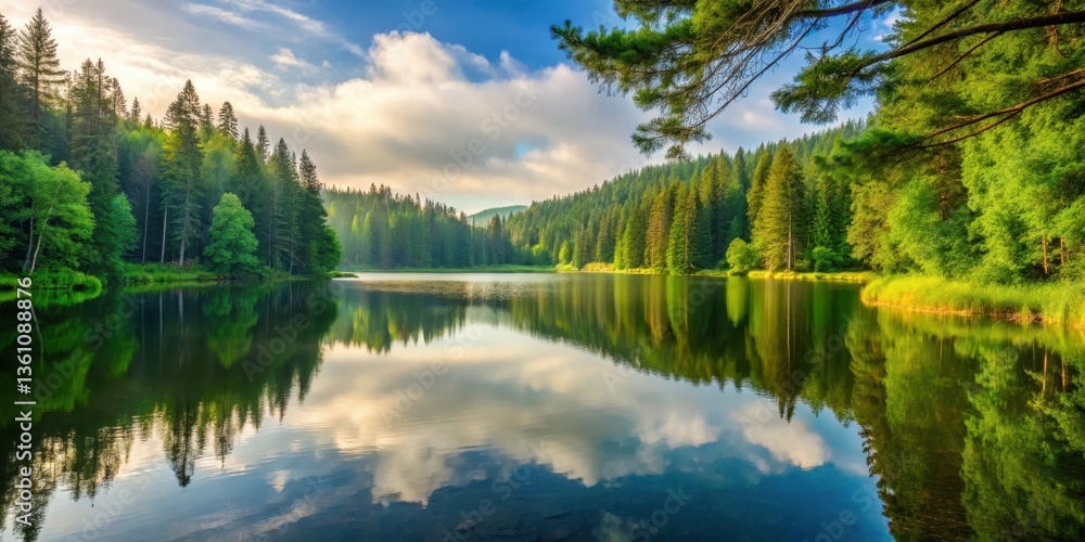 Obraz premium Serene forest landscape with a lake in the background , nature, forest, nature, forest, calm