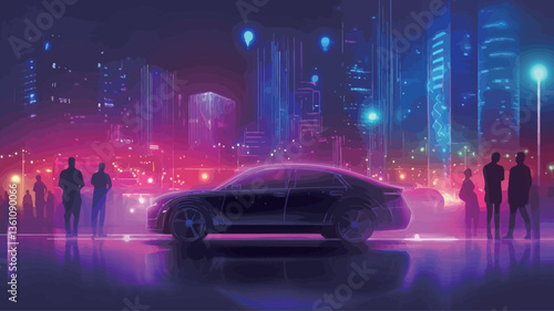 The image is a digital illustration depicting a stylized cityscape at night. The scene is dominated by vibrant neon pink, purple, and blue hues illuminating the buildings and a sleek, dark-colored
