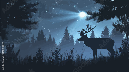 The image is a digital illustration depicting a stag silhouetted against a moonlit forest scene.  The color palette is predominantly dark blues and blacks, creating a moody atmosphere. The deer is