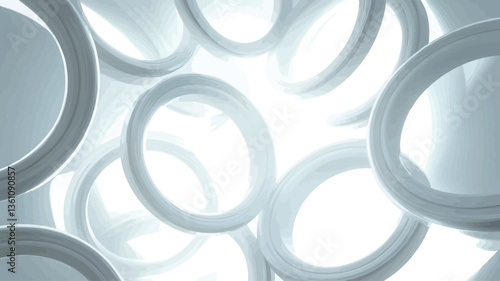 The image is a digitally rendered abstract composition featuring numerous white cylindrical pipes or tubes. The pipes are arranged in a seemingly random yet visually balanced pattern, creating a