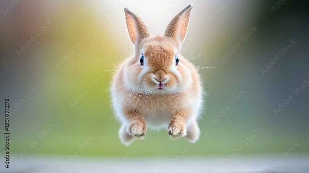 Fototapeta premium Adorable Brown Bunny Rabbit Jumping in a Playful Outdoor Scene