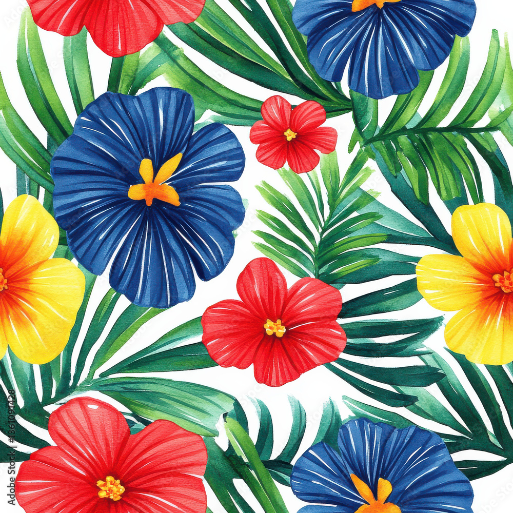 Fototapeta premium Bright watercolor floral pattern with vibrant hibiscus and tropical leaves