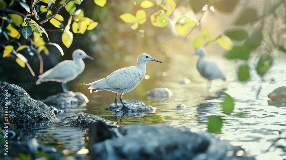 Fototapeta premium Tranquil Scene of White Birds Standing on Rocks by Serene Waters Surrounded by Lush Greenery and Soft Morning Light