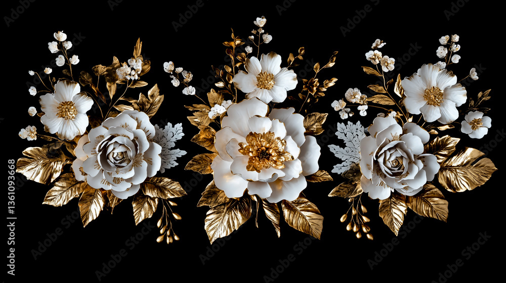 Fototapeta premium A set of three white and gold floral arrangements on a black background