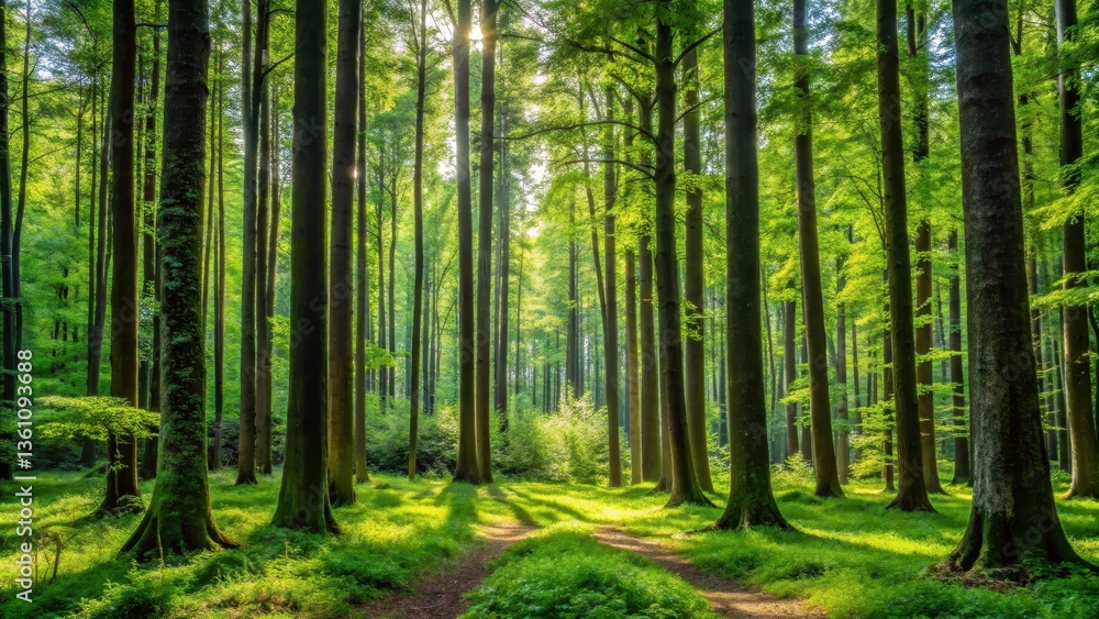 Obraz premium Dense forest with towering mature trees and saplings in various life stages , landscape, scenery, landscape, scenery