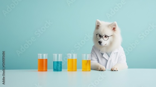 Cute Dog Scientist in Lab Coat with Colorful Fluids on Table