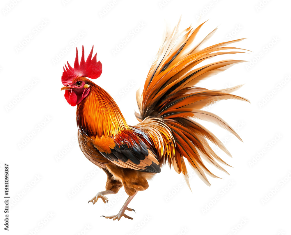 Fototapeta premium rooster long flowing tail with graceful pose on transparent background