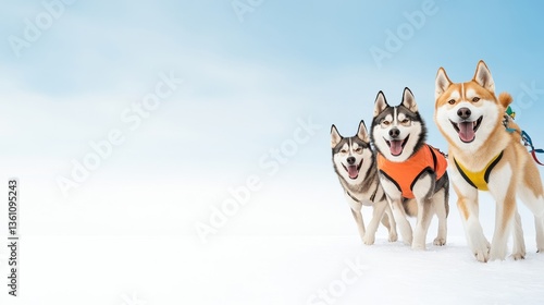 Happy Dogs in Colorful Harnesses Playing in Snowy Winter Landscape